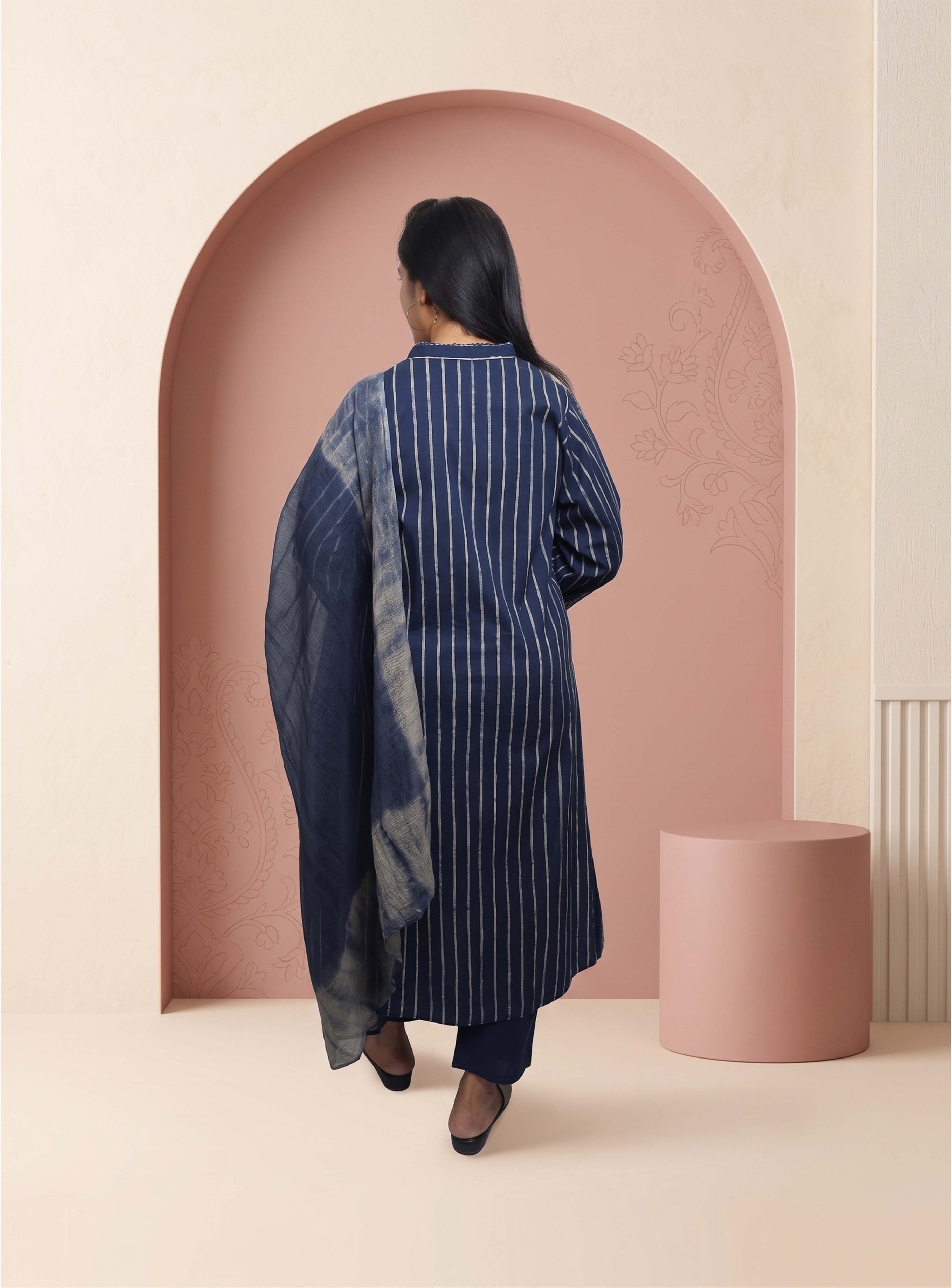 Blue cotton hand block straight suit set with dupatta