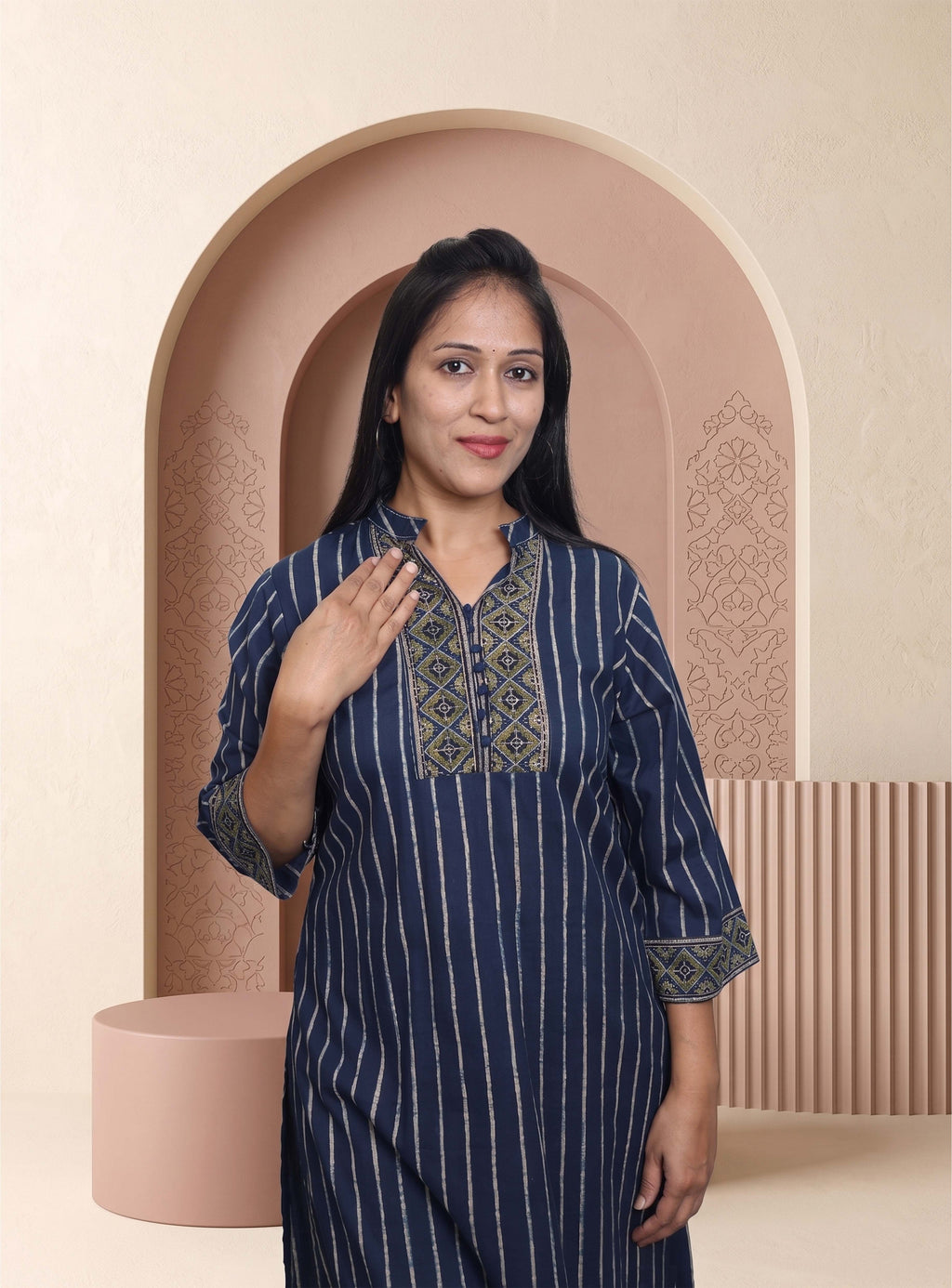Blue cotton hand block straight suit set with dupatta