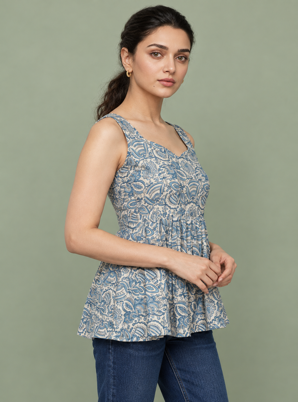 Bluebell Charm Blue Floral Print Cotton Short Kurta – Indieshades