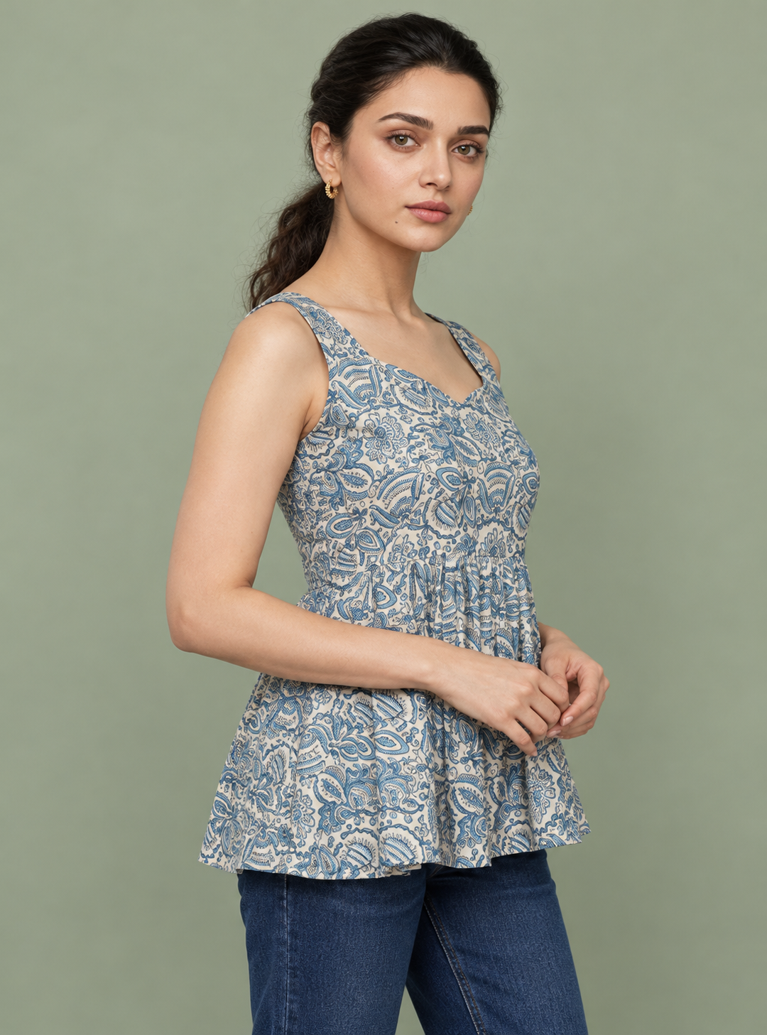 Bluebell Charm Blue Floral Print Cotton Short Kurta – Indieshades