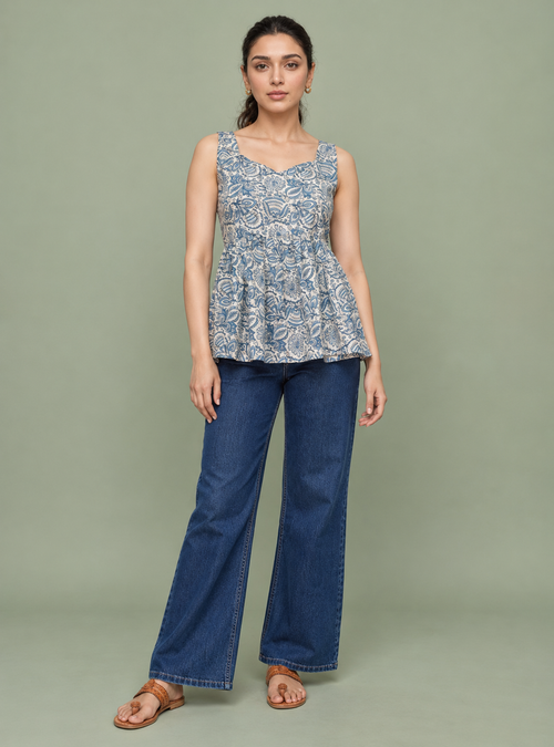 Bluebell Charm Blue Floral Print Cotton Short Kurta – Indieshades