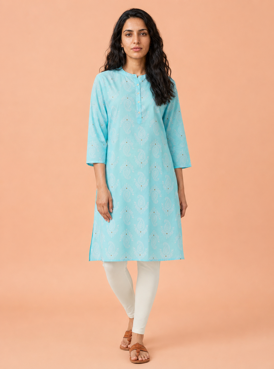 Blue Horizon Powder Blue Printed Cotton Straight Kurta