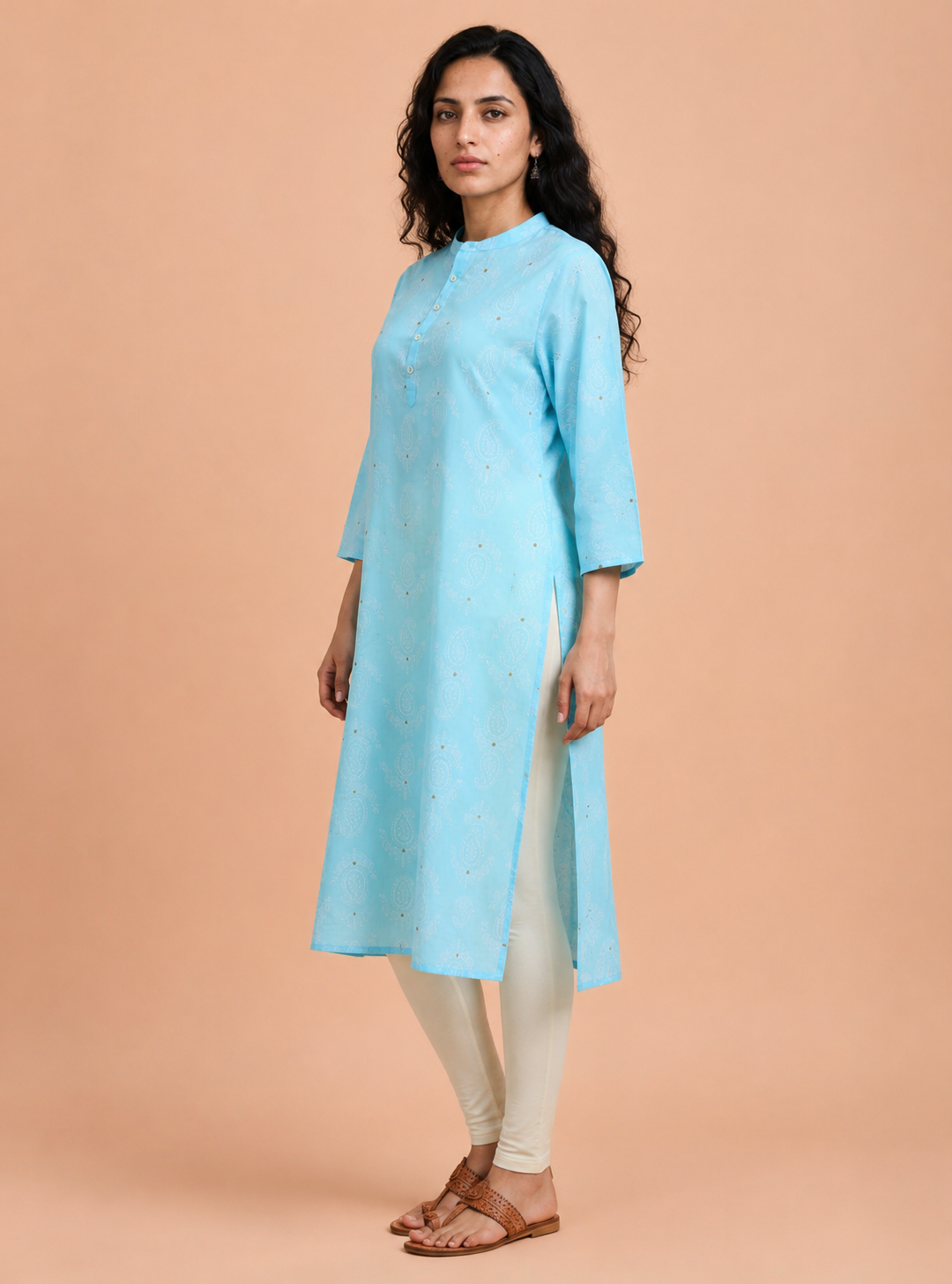 Blue Horizon Powder Blue Printed Cotton Straight Kurta