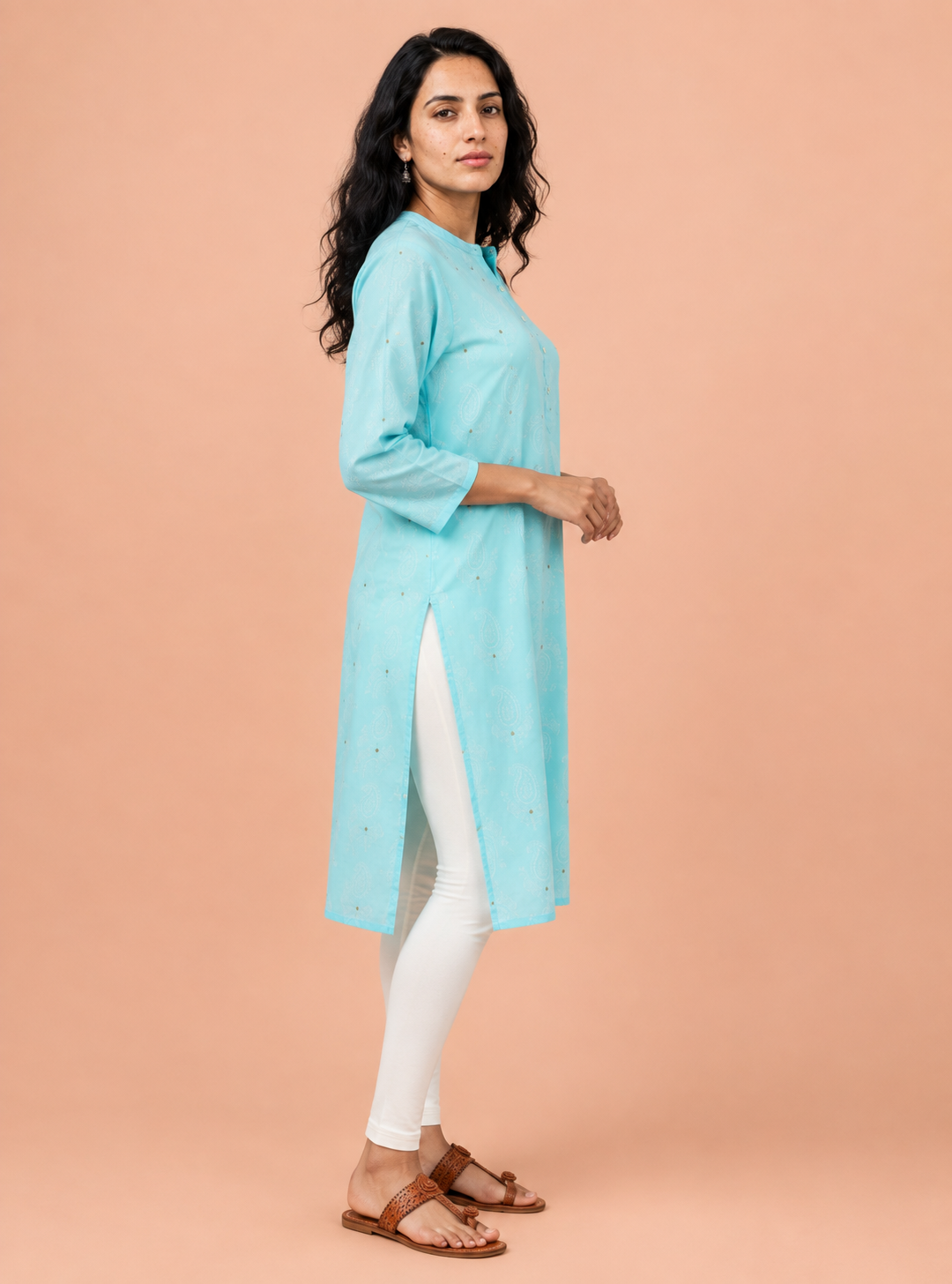 Blue Horizon Powder Blue Printed Cotton Straight Kurta