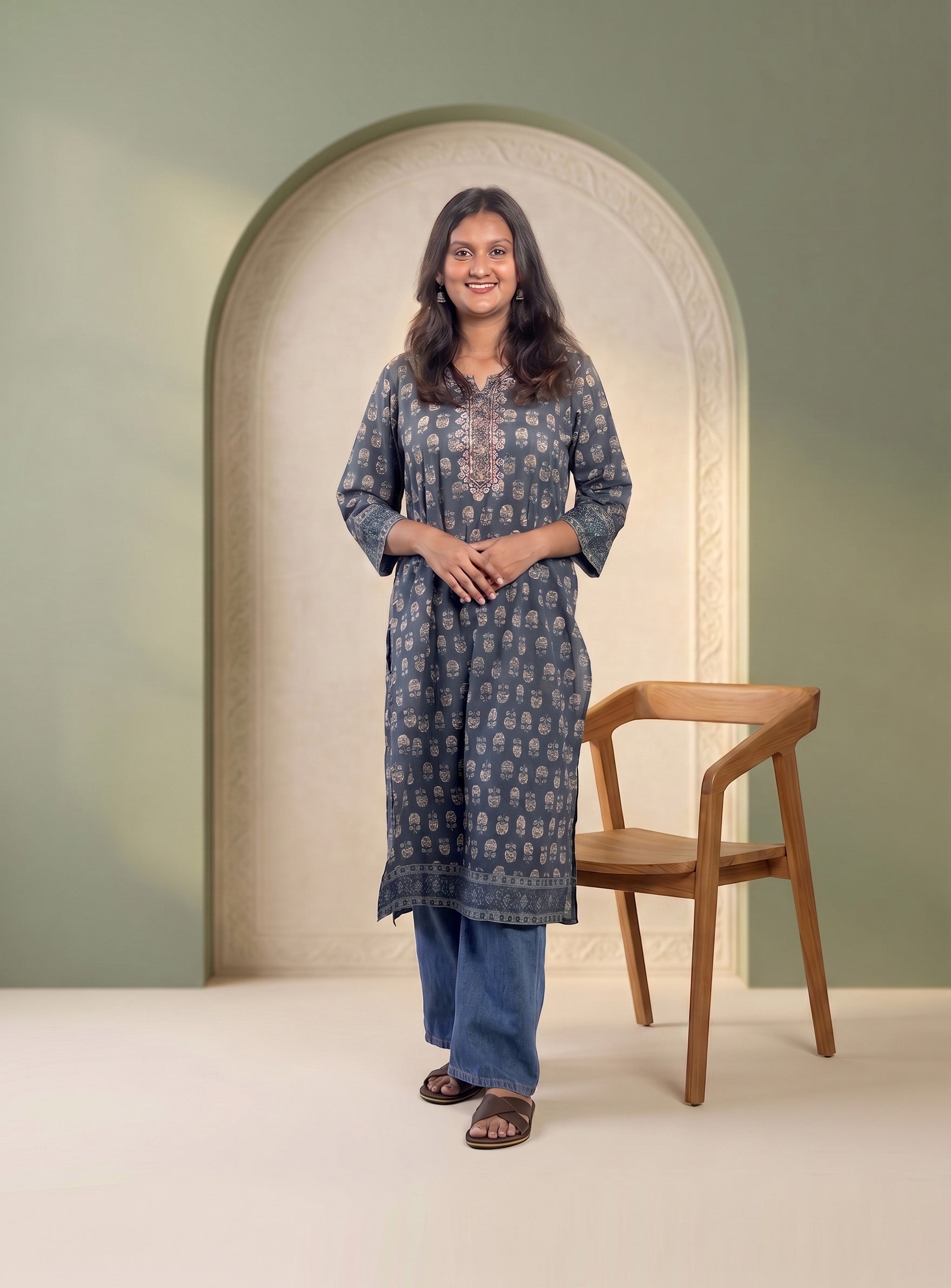 Blue block print straight kurta with hand work