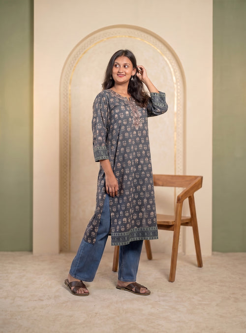 Blue block print straight kurta with hand work