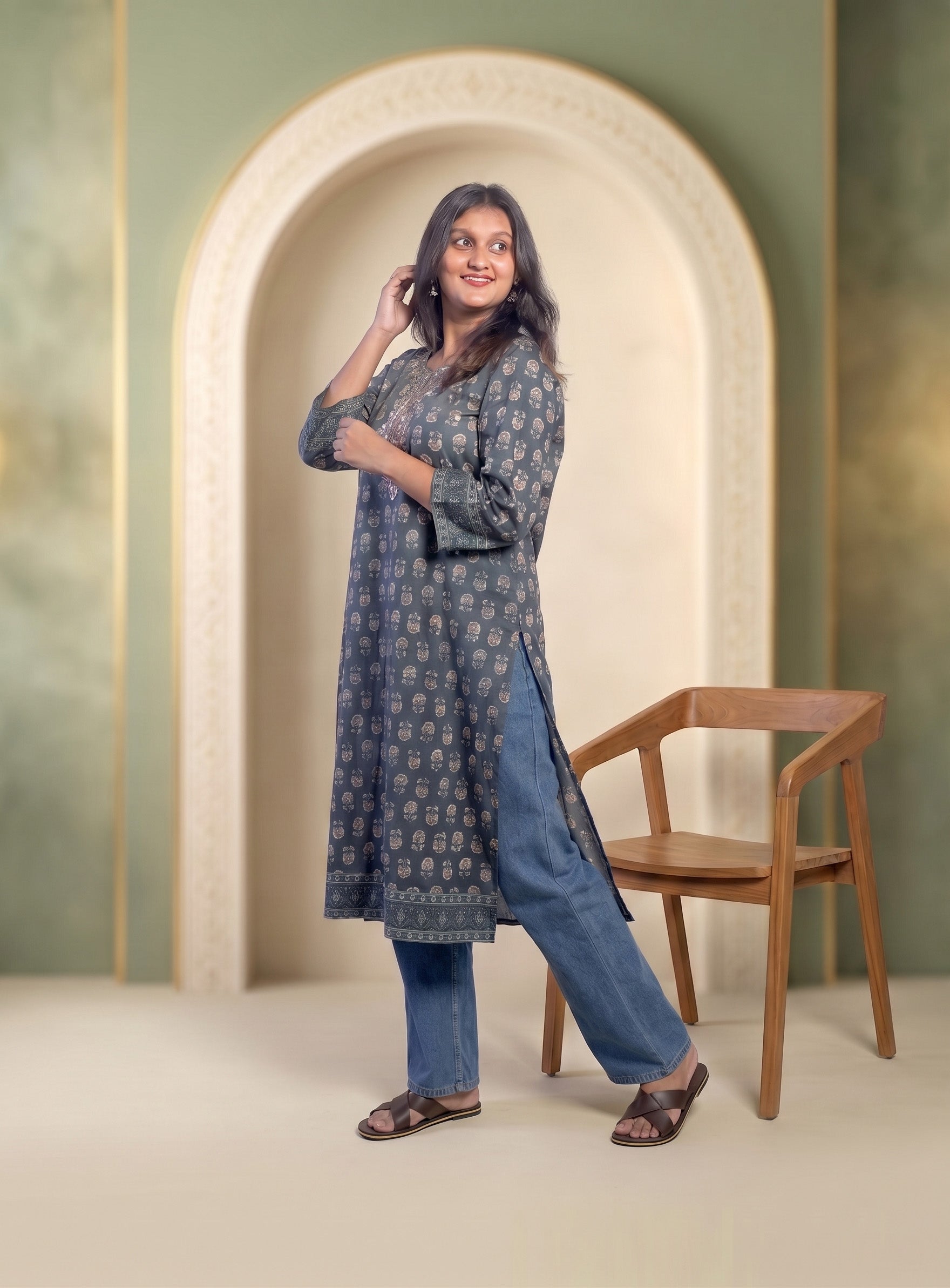Blue block print straight kurta with hand work