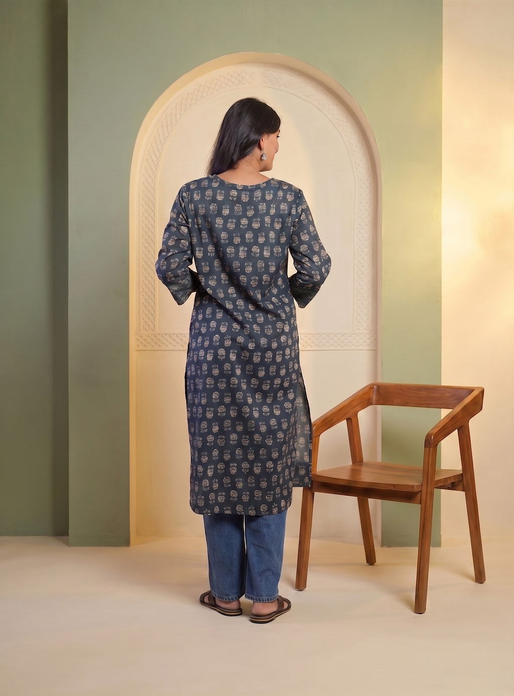 Blue block print straight kurta with hand work