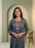 Blue block print straight kurta with hand work