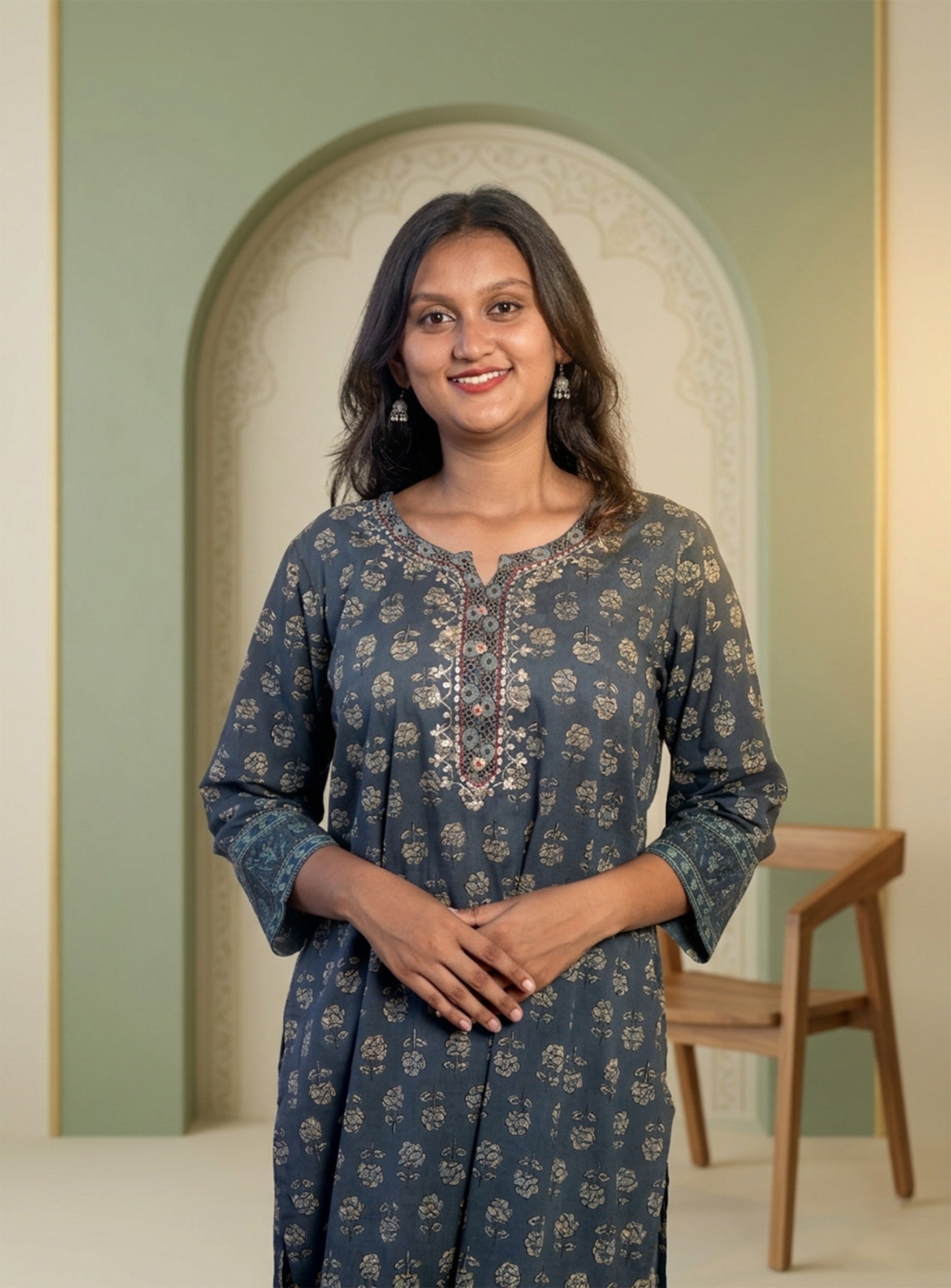 Blue block print straight kurta with hand work