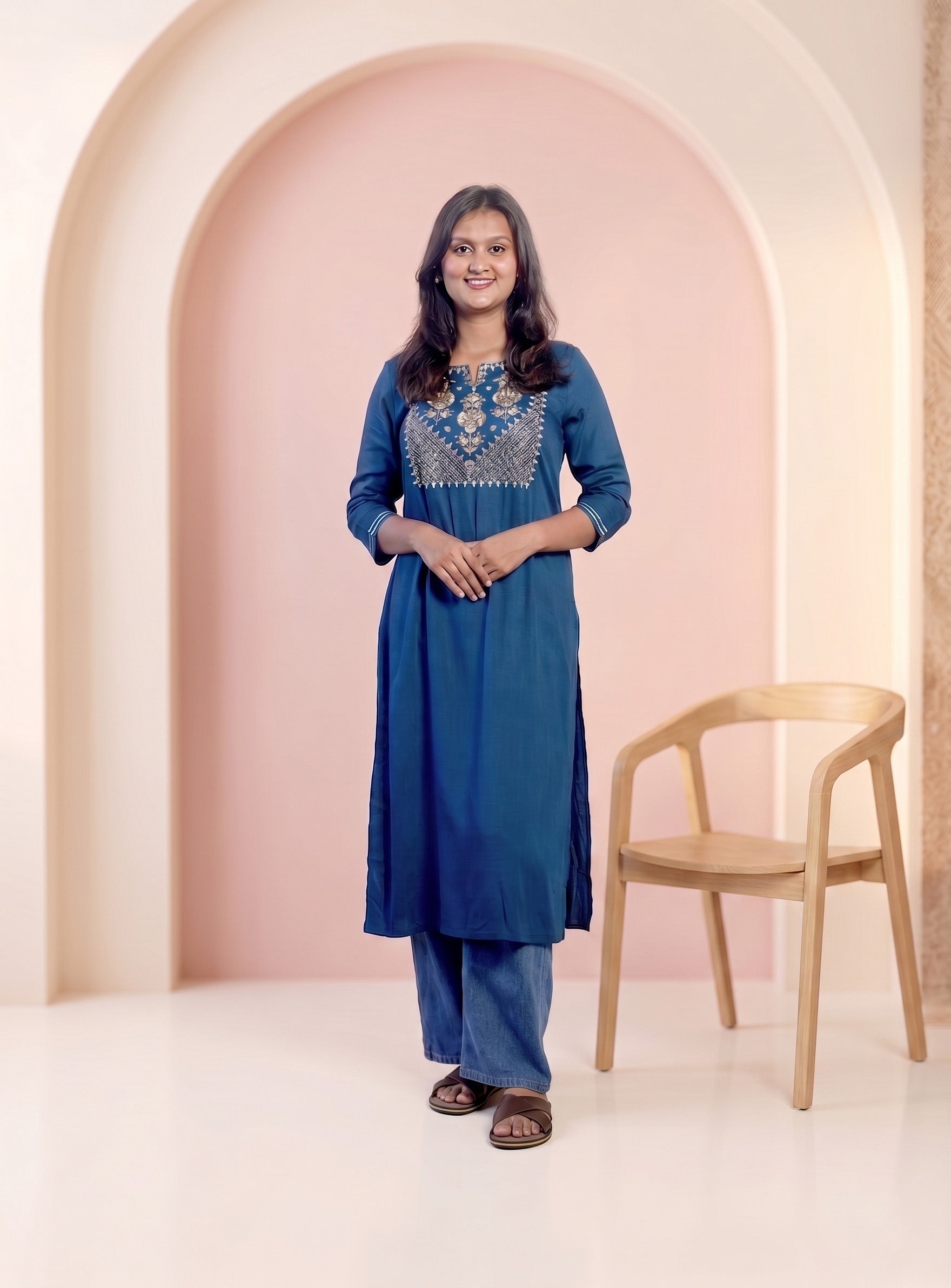 Blue cotton blend zero work straight kurta
