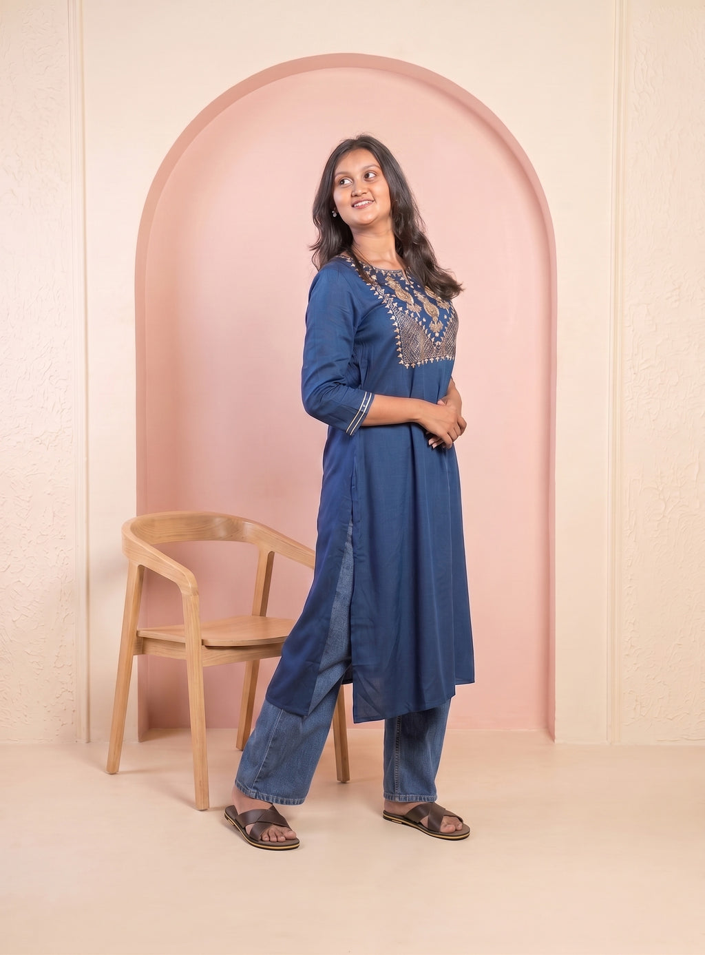 Blue cotton blend zero work straight kurta