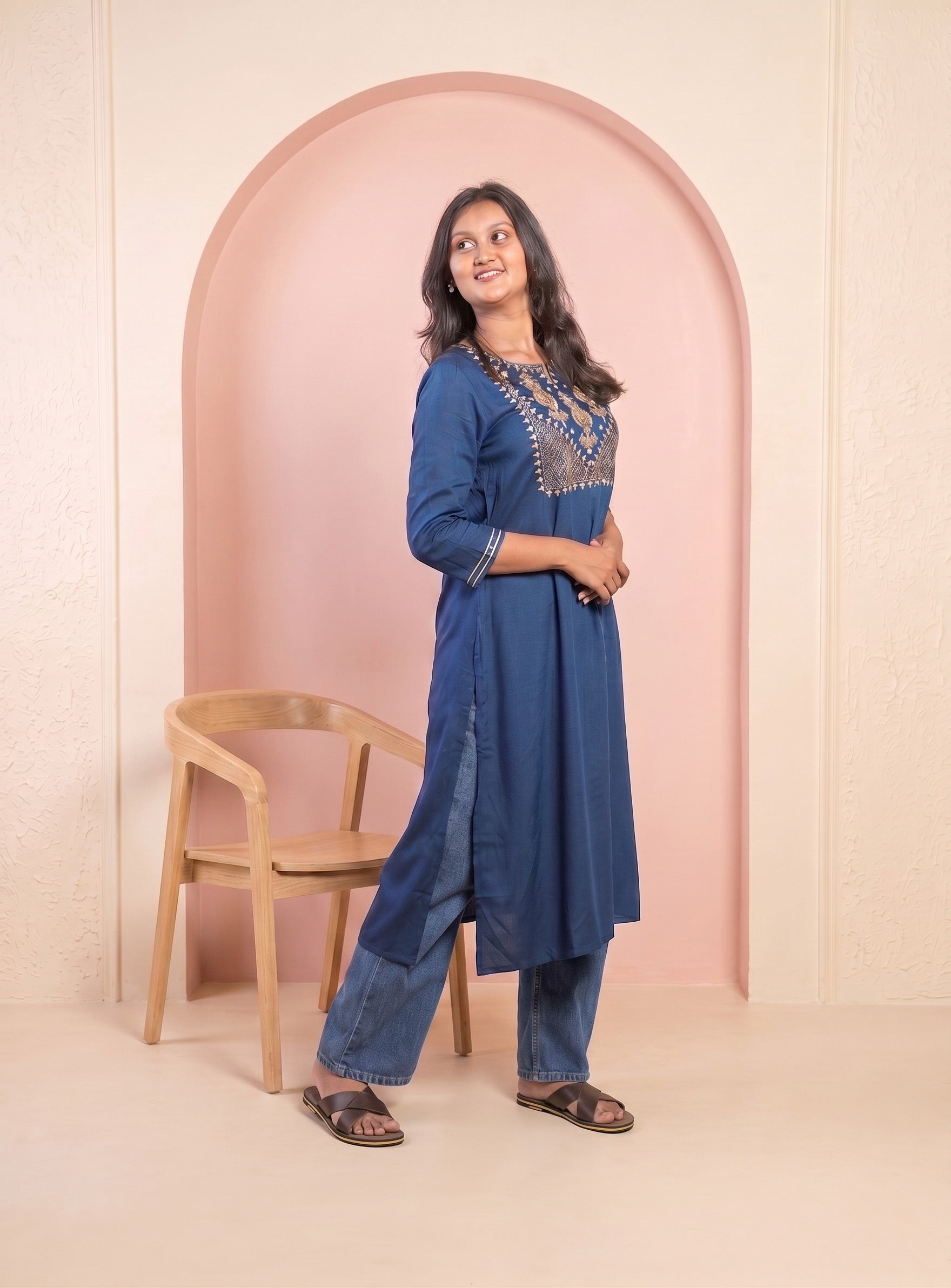 Blue cotton blend zero work straight kurta