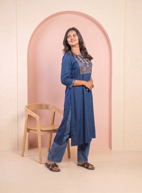 Blue cotton blend zero work straight kurta