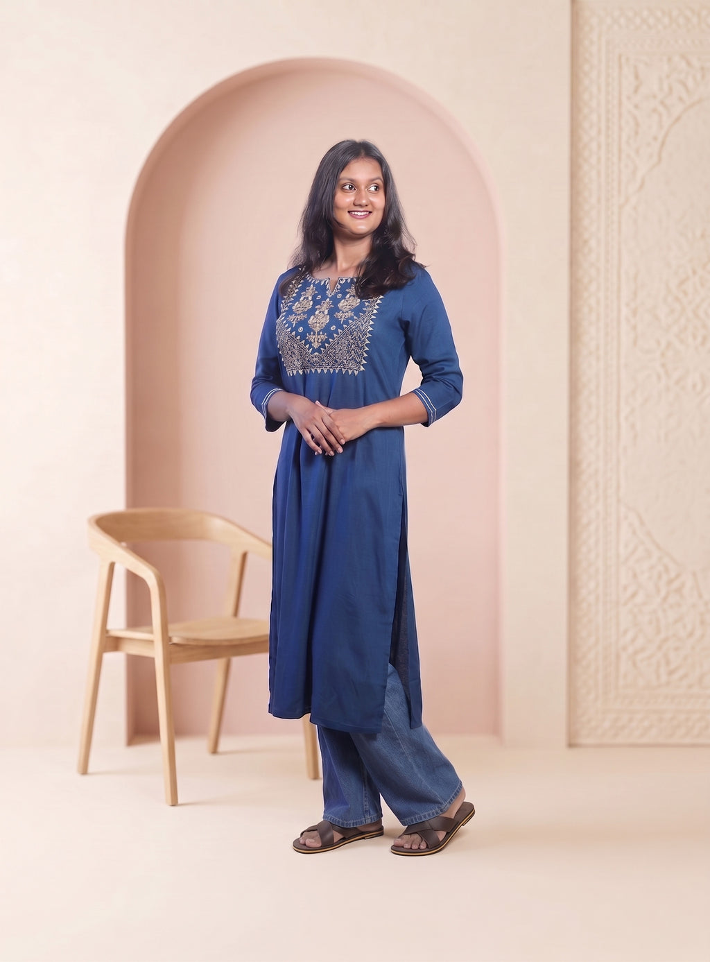 Blue cotton blend zero work straight kurta