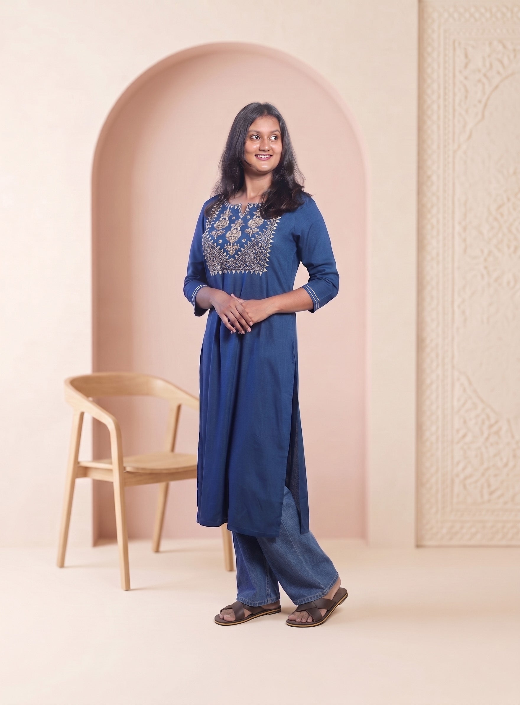 Blue cotton blend zero work straight kurta