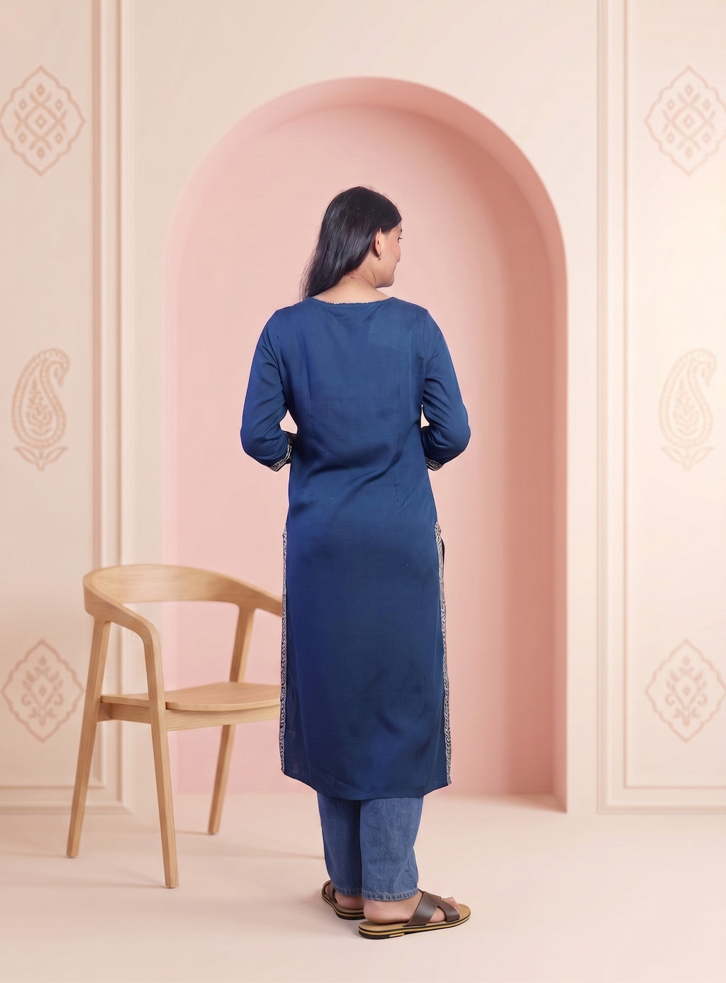 Blue cotton blend zero work straight kurta