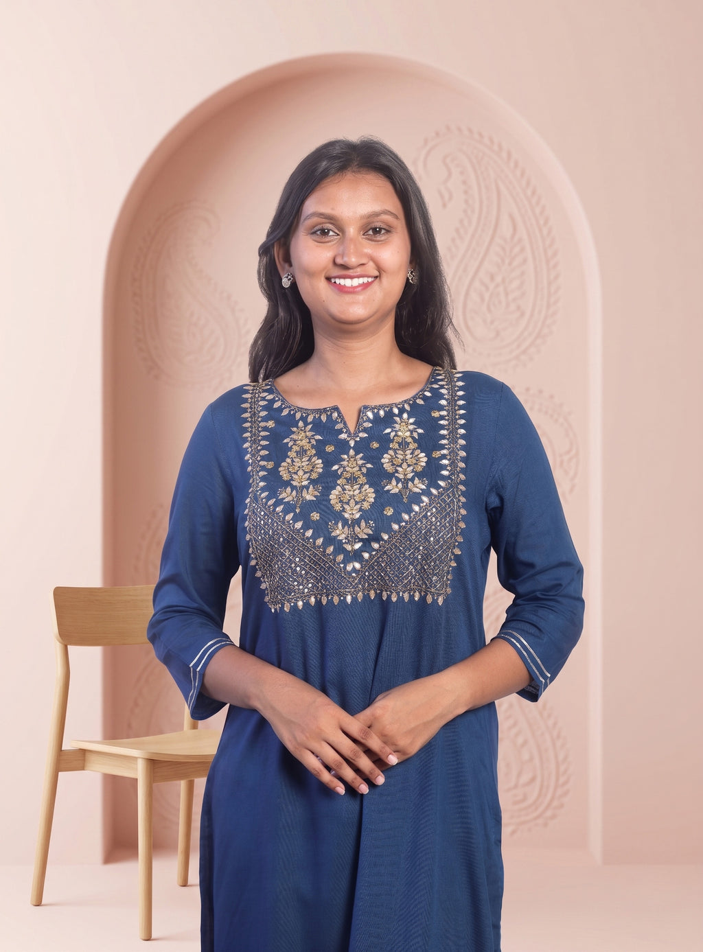 Blue cotton blend zero work straight kurta