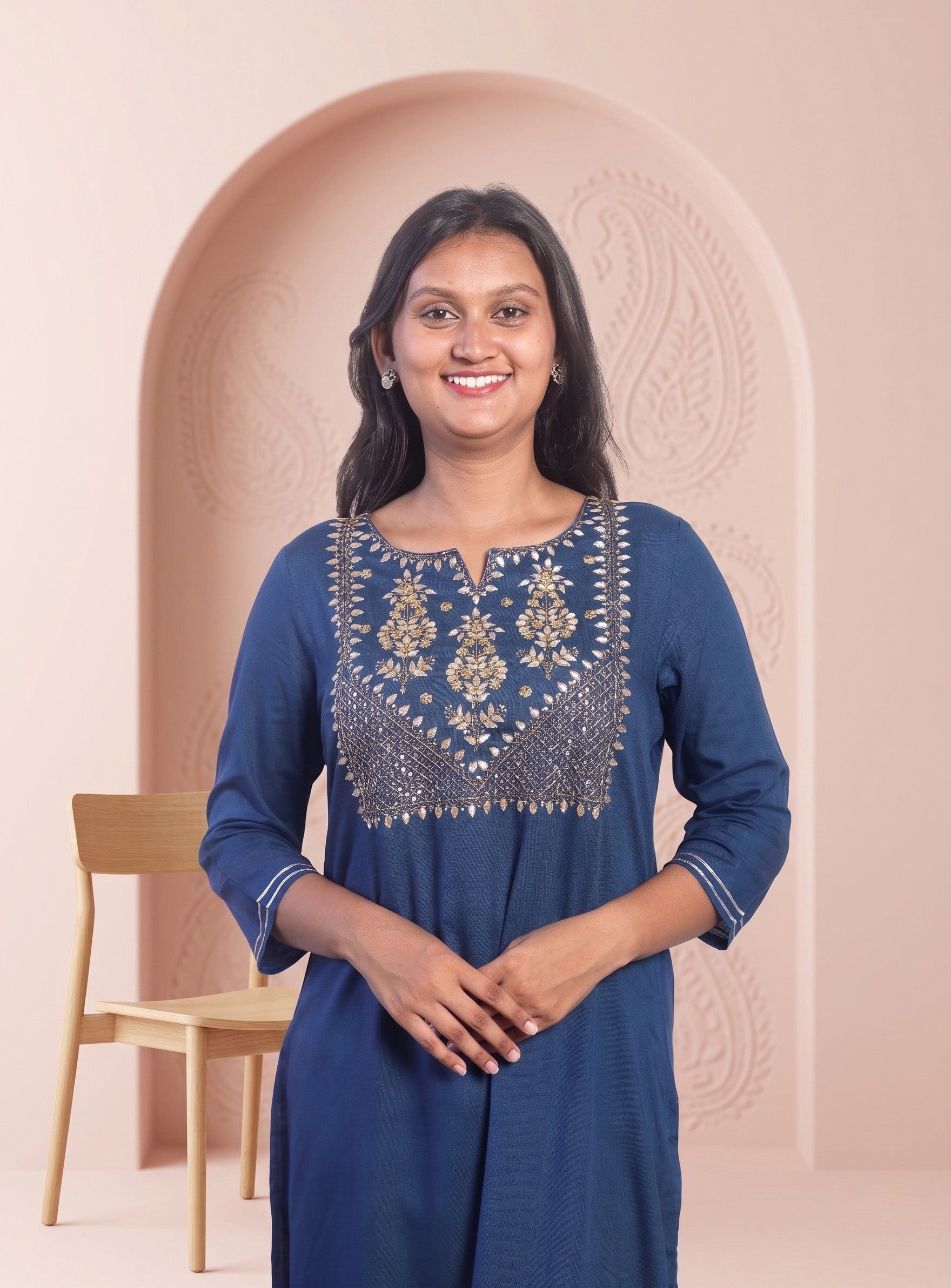 Blue cotton blend zero work straight kurta