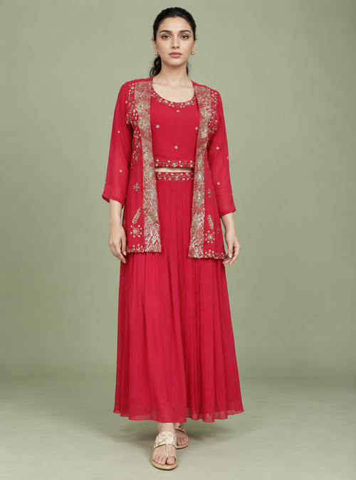 Blush Royale Pink Chinon Crop Top with Jacket and Palazzo Set – Indieshades