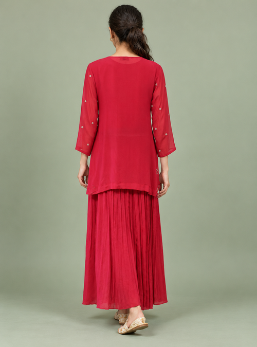Blush Royale Pink Chinon Crop Top with Jacket and Palazzo Set – Indieshades