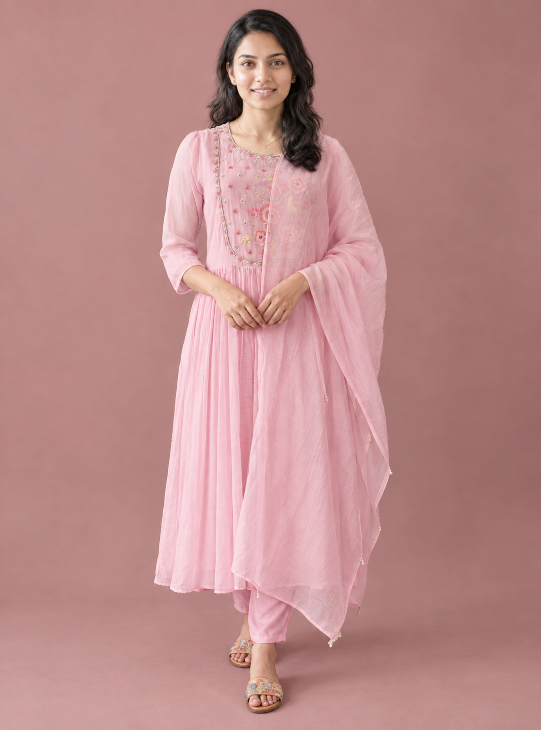 Blush Swan Baby Pink Banarasi Mul Chanderi Anarkali Suit Set with Dupa – Indieshades