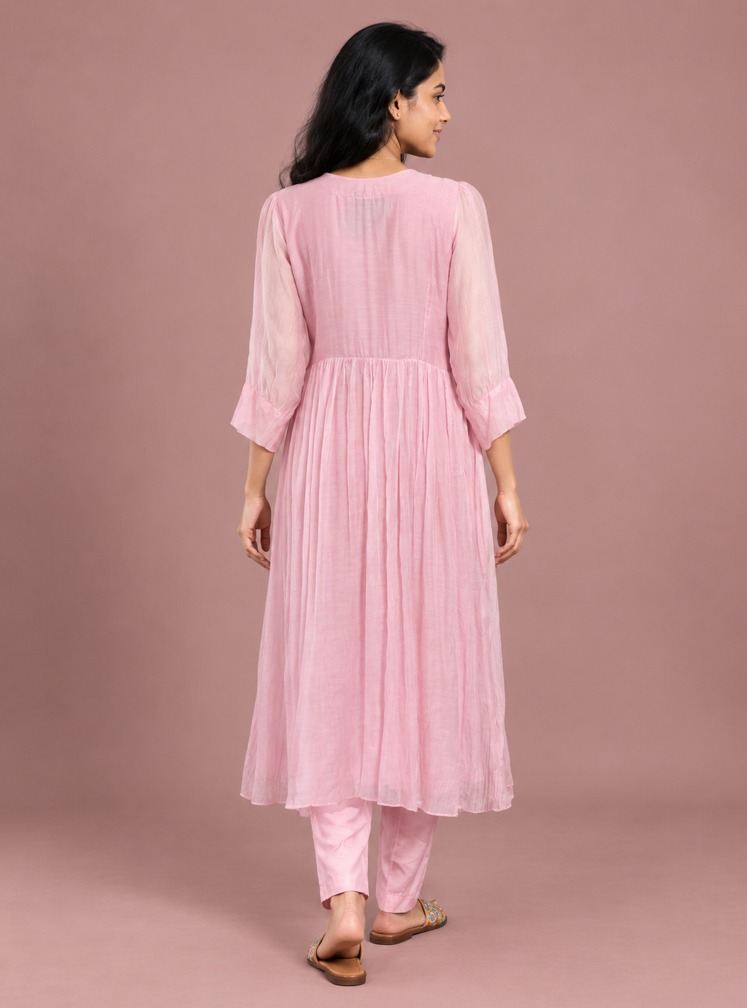 Blush Swan Baby Pink Banarasi Mul Chanderi Anarkali Suit Set with Dupa – Indieshades
