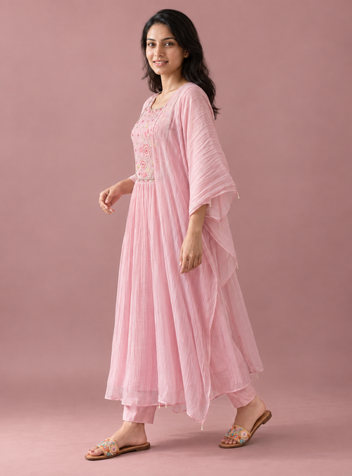 Blush Swan Baby Pink Banarasi Mul Chanderi Anarkali Suit Set with Dupa – Indieshades