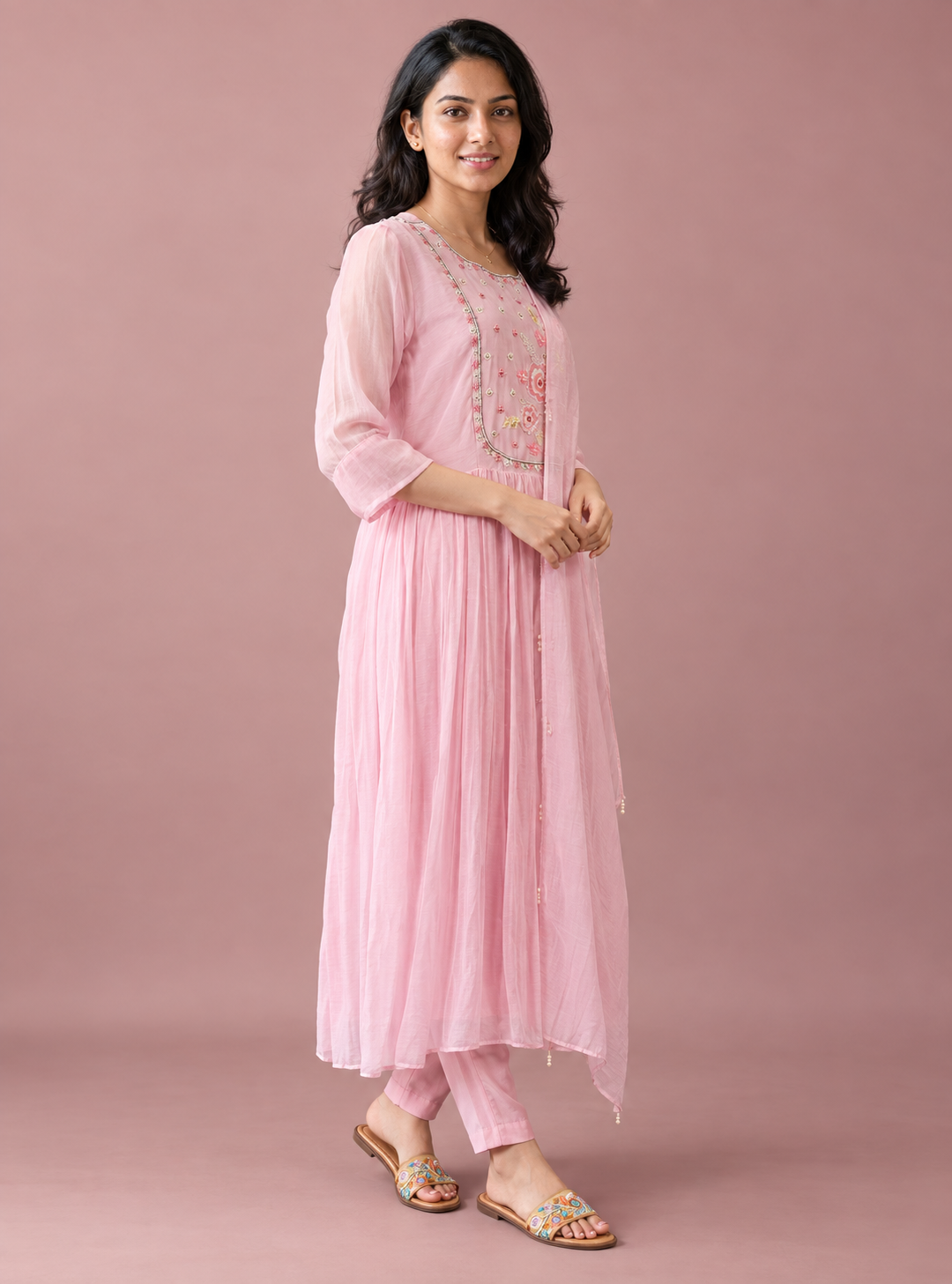 Blush Swan Baby Pink Banarasi Mul Chanderi Anarkali Suit Set with Dupa – Indieshades