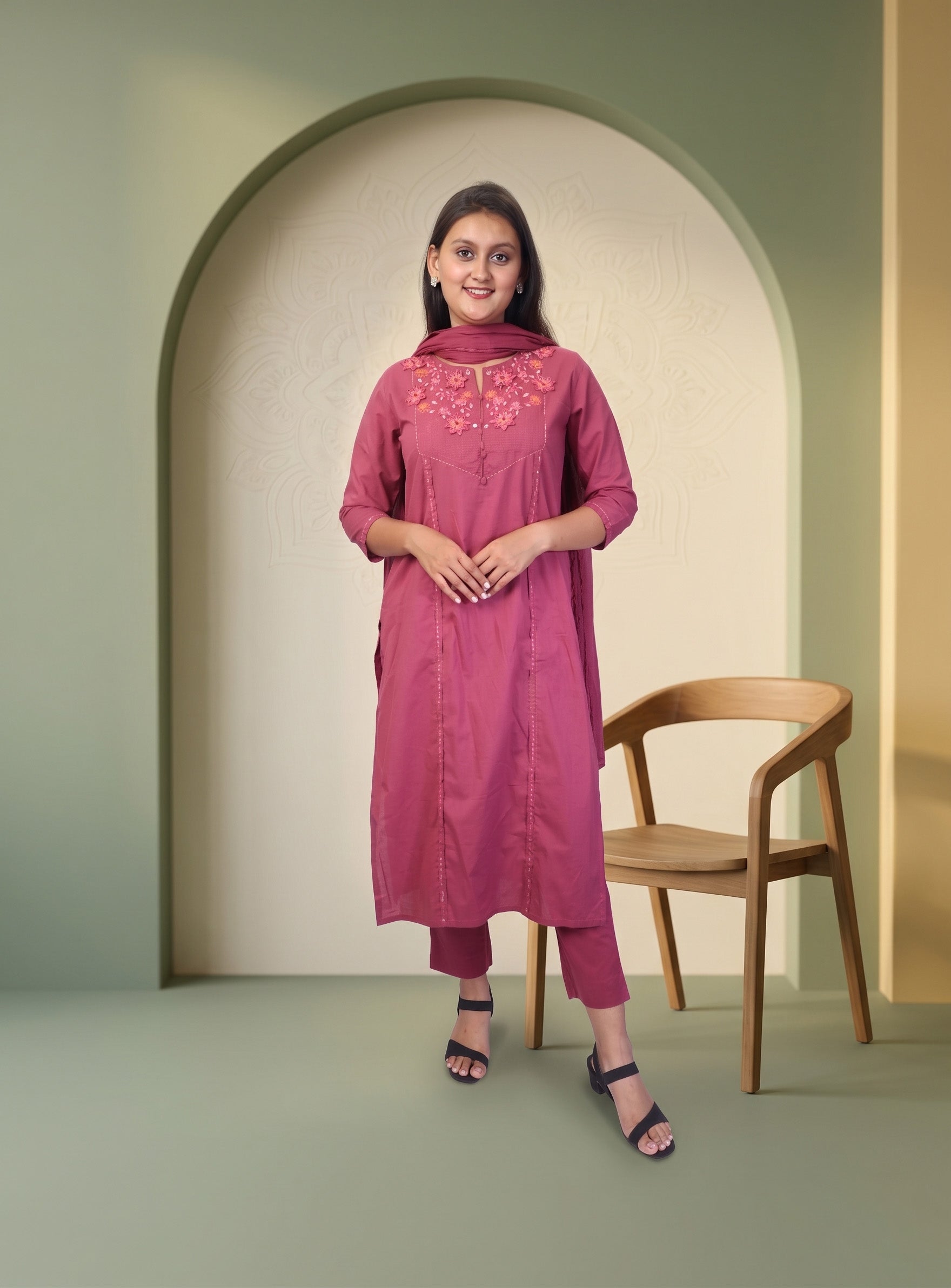 Bright Maroon natural cotton straight suit set with dupatta