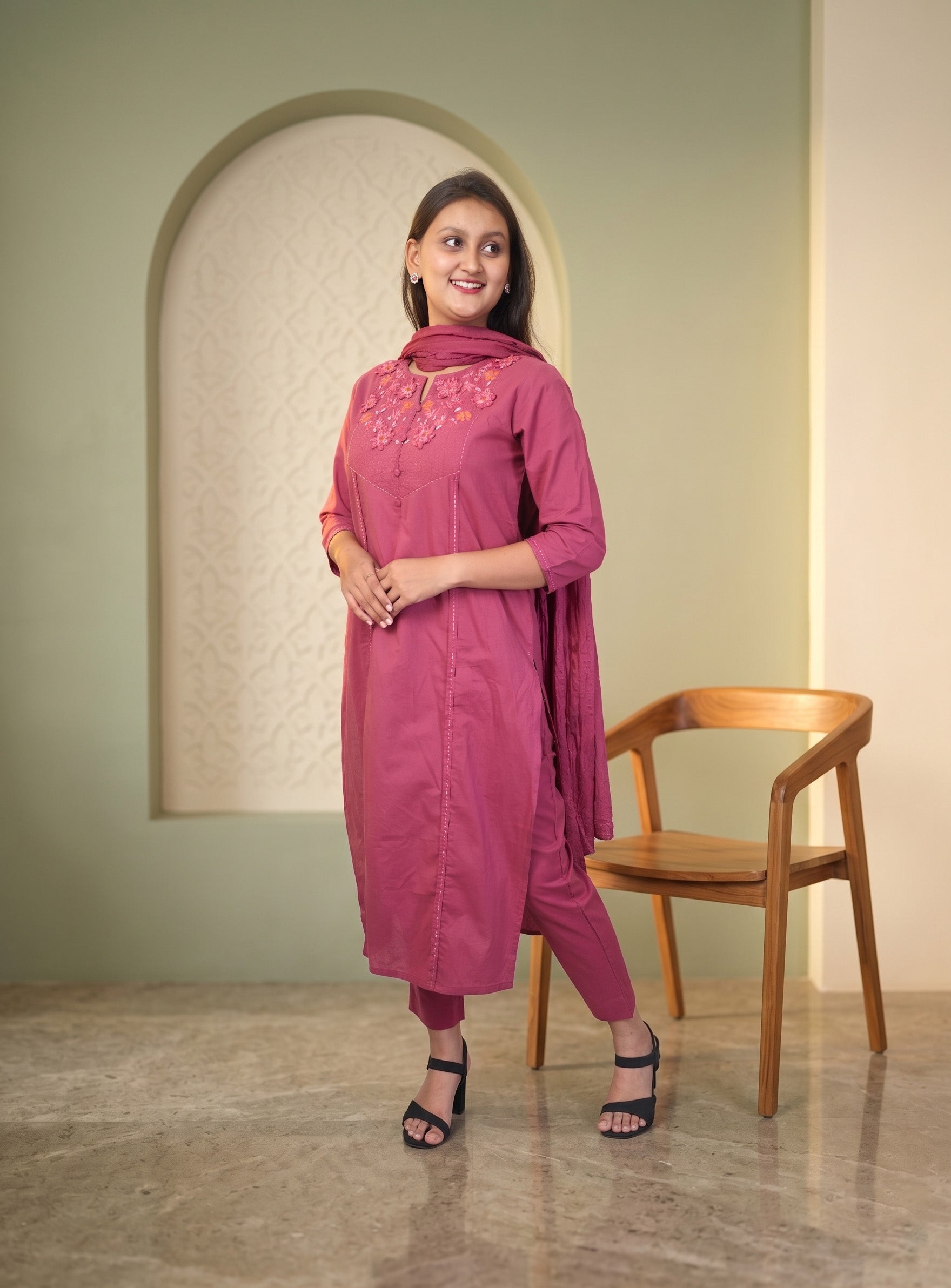 Bright Maroon natural cotton straight suit set with dupatta