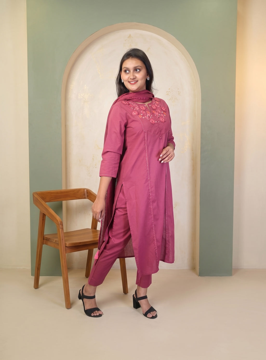 Bright Maroon natural cotton straight suit set with dupatta