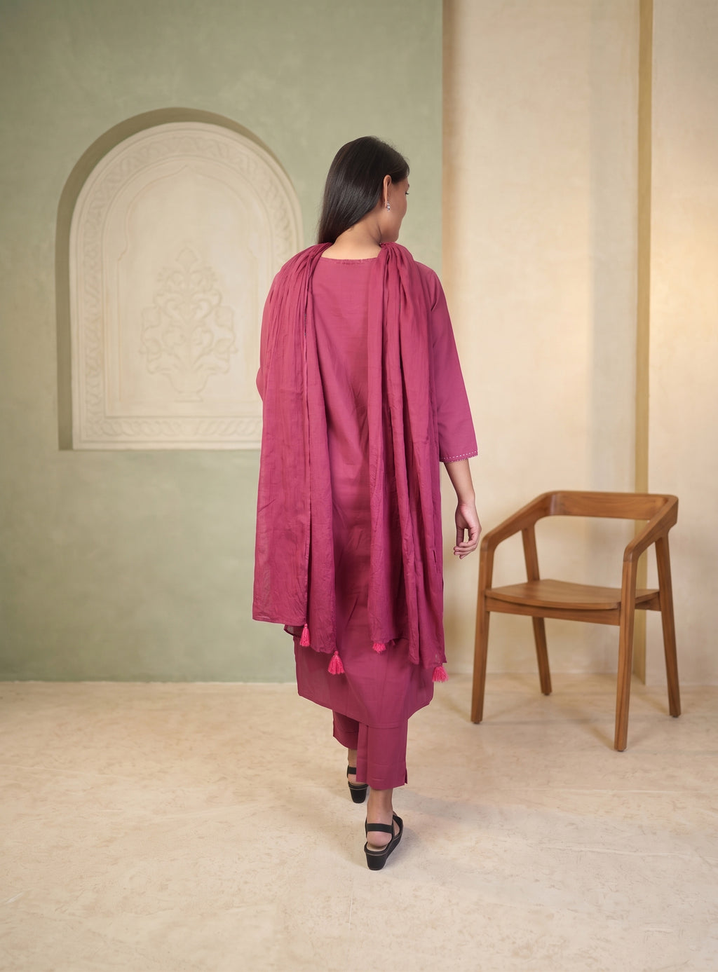 Bright Maroon natural cotton straight suit set with dupatta