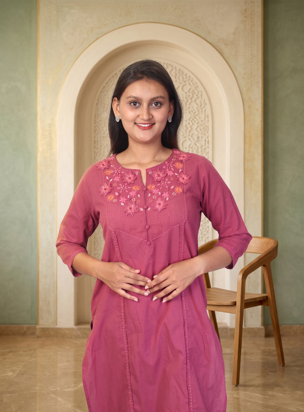 Bright Maroon natural cotton straight suit set with dupatta