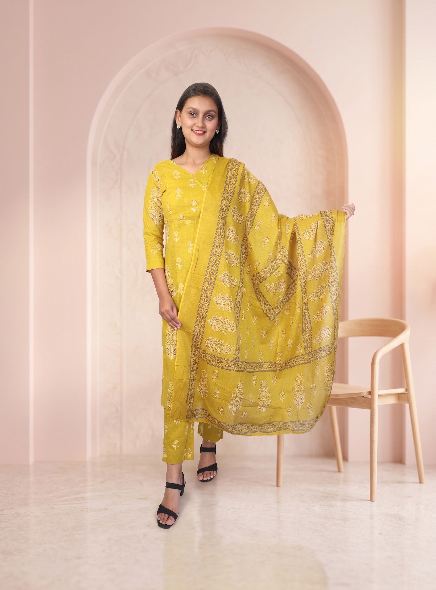 British Yellow cotton printed straight angrakha suit set with dupatta