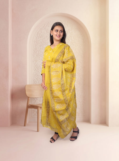 British Yellow cotton printed straight angrakha suit set with dupatta