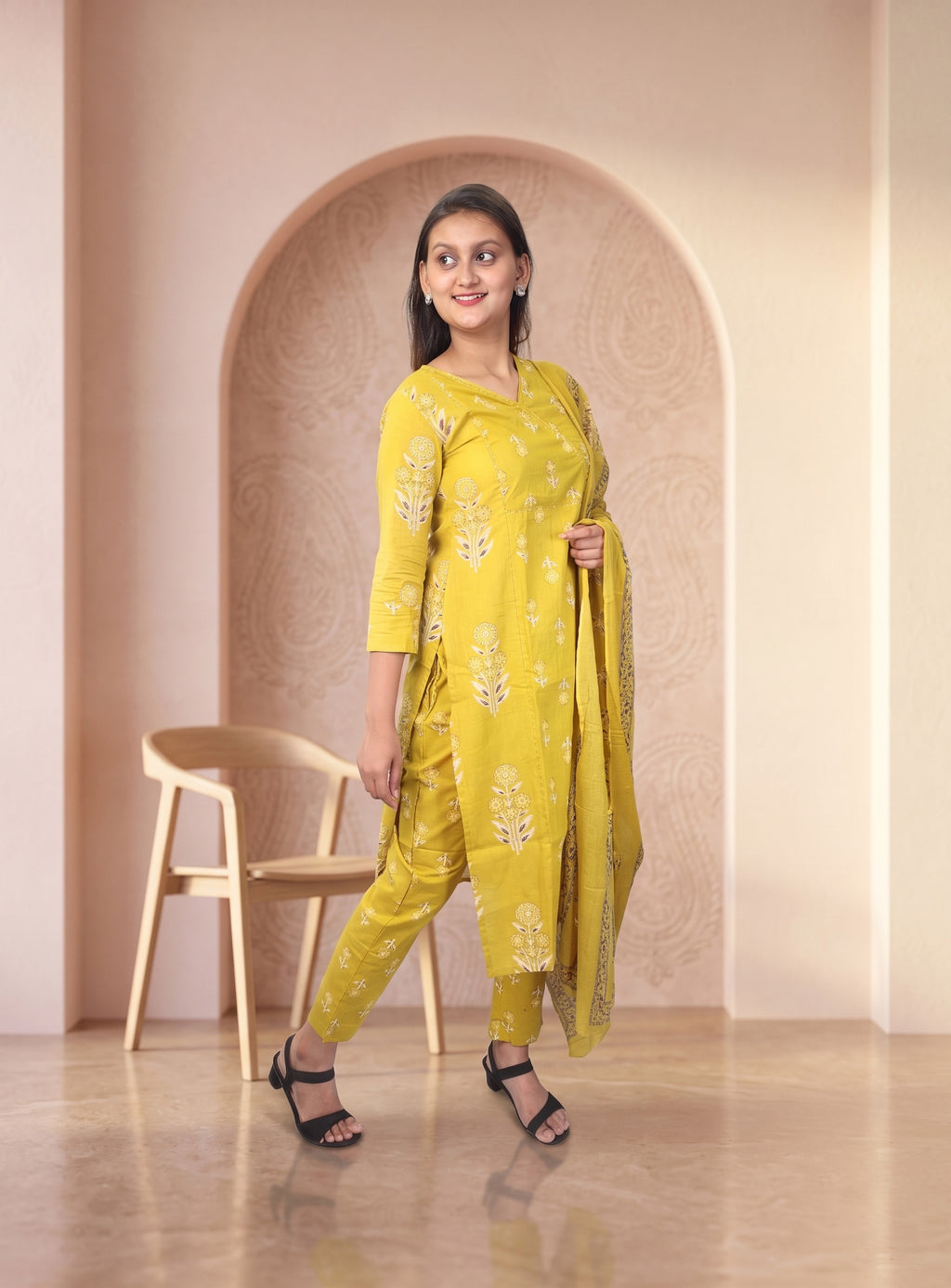 British Yellow cotton printed straight angrakha suit set with dupatta