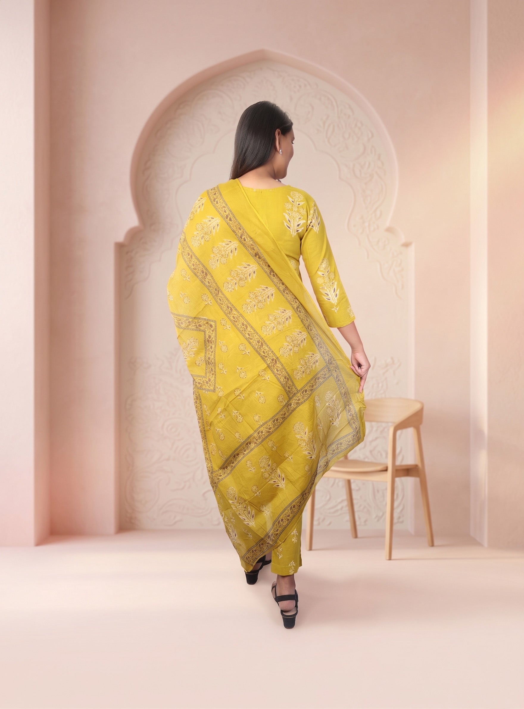 British Yellow cotton printed straight angrakha suit set with dupatta