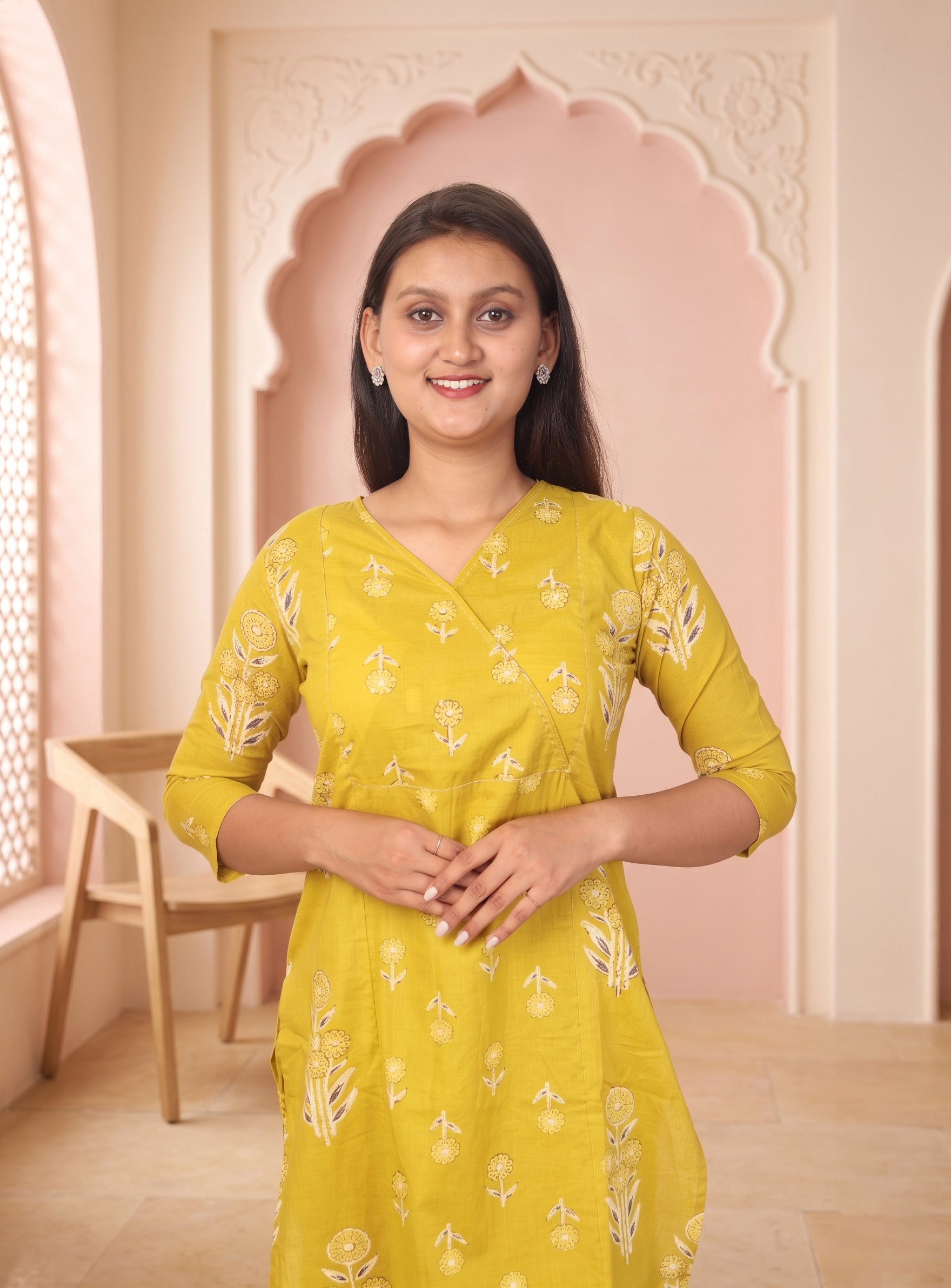 British Yellow cotton printed straight angrakha suit set with dupatta