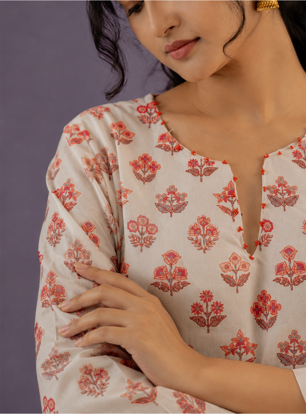 Citrus Blossom White and Orange Printed Cotton Straight Kurta
