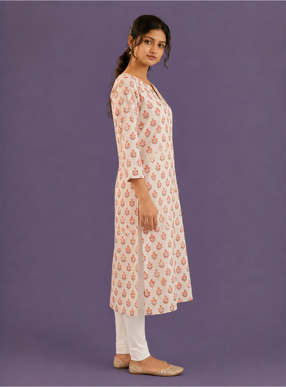 Citrus Blossom White and Orange Printed Cotton Straight Kurta