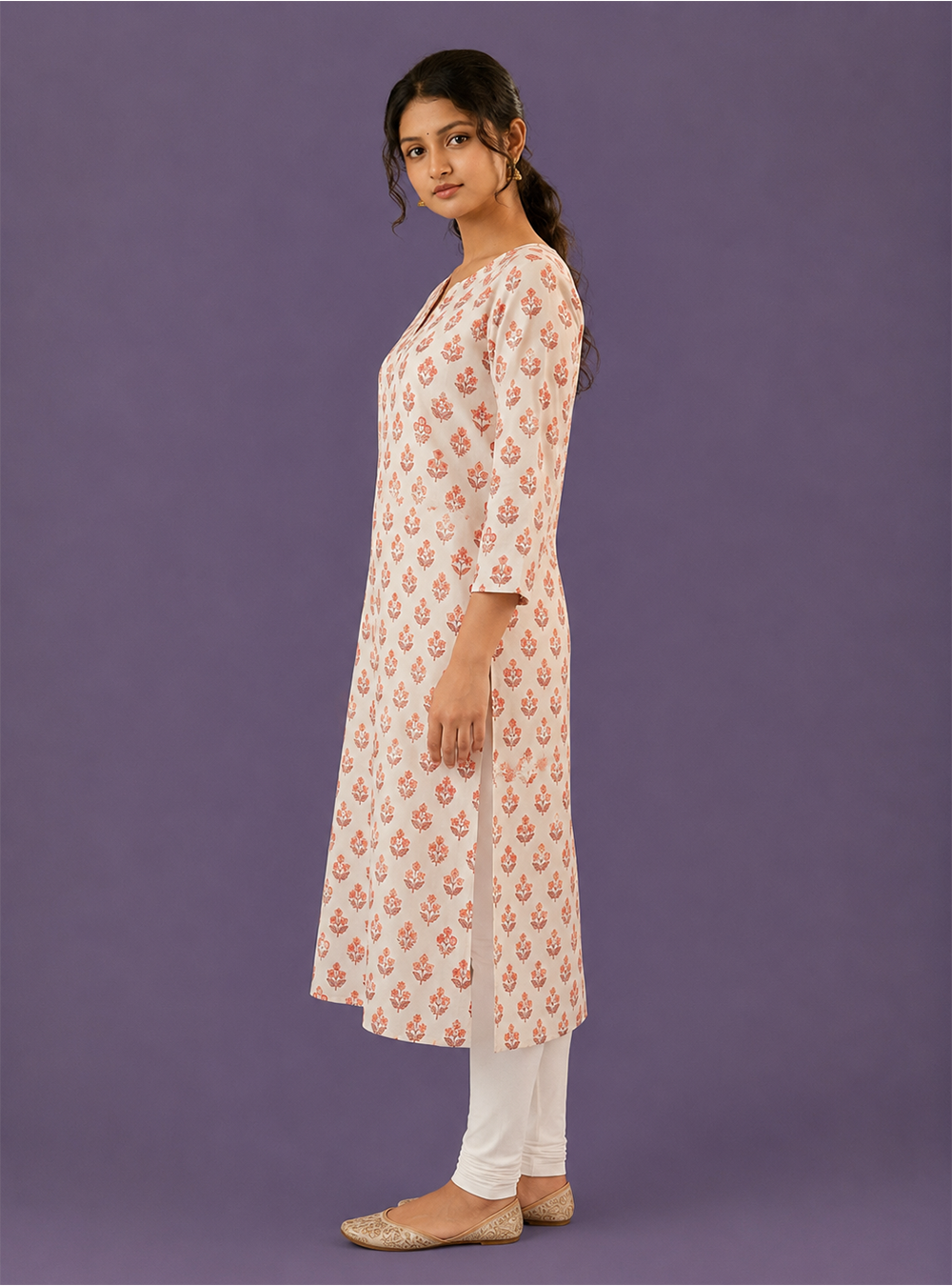 Citrus Blossom White and Orange Printed Cotton Straight Kurta