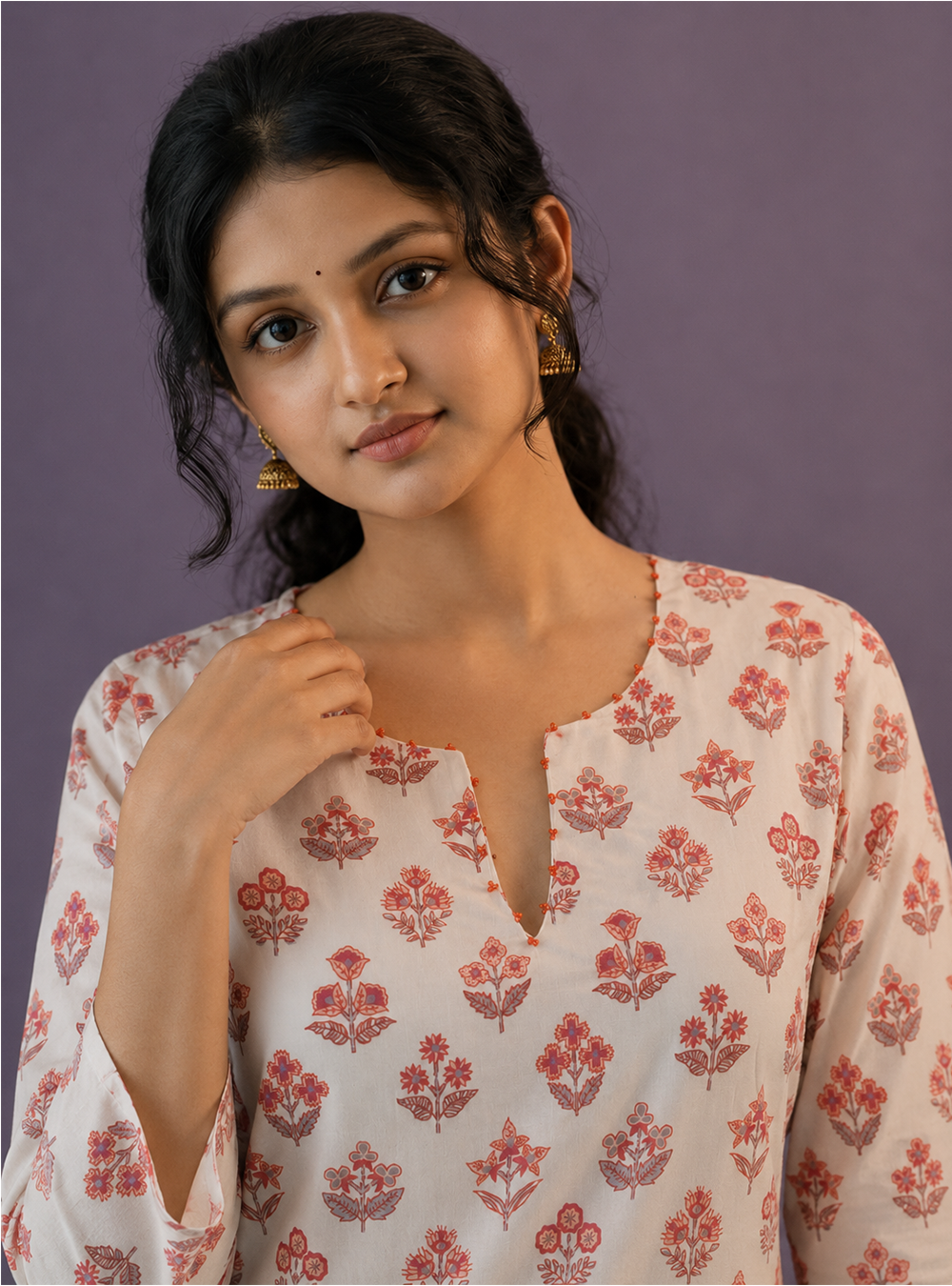 Citrus Blossom White and Orange Printed Cotton Straight Kurta