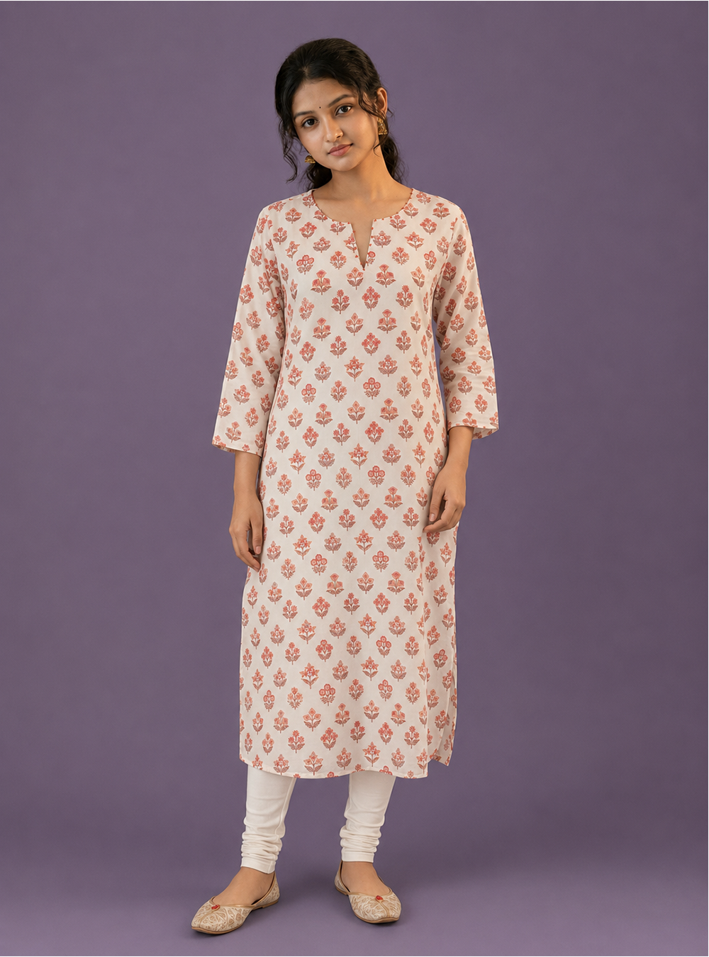 Citrus Blossom White and Orange Printed Cotton Straight Kurta