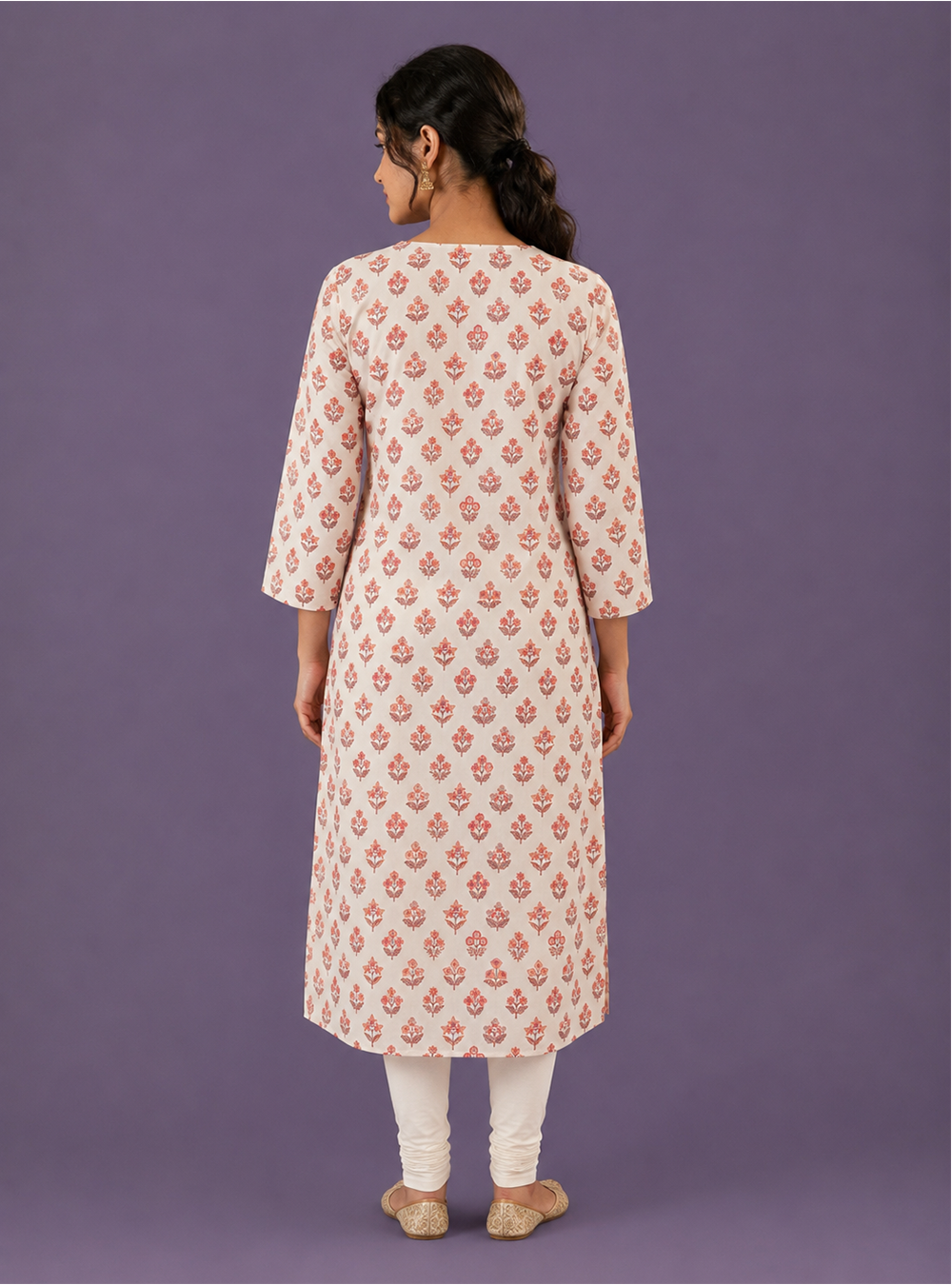 Citrus Blossom White and Orange Printed Cotton Straight Kurta