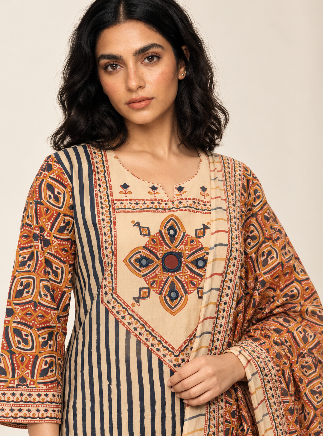 Clay Petal Beige & Rust Hand Block Cotton A-Line Suit Set