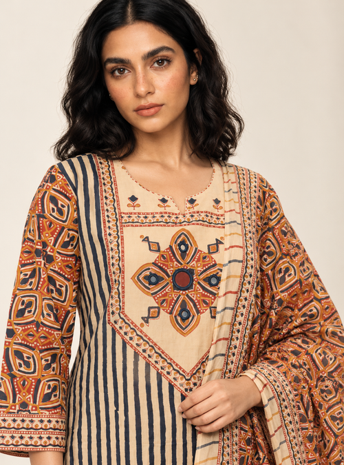 Clay Petal Beige & Rust Hand Block Cotton A-Line Suit Set