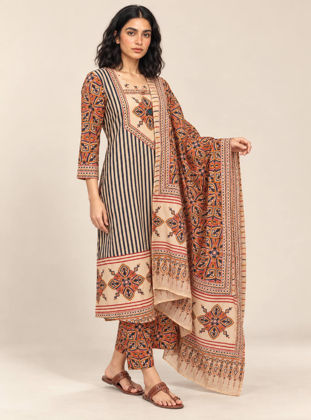 Clay Petal Beige & Rust Hand Block Cotton A-Line Suit Set