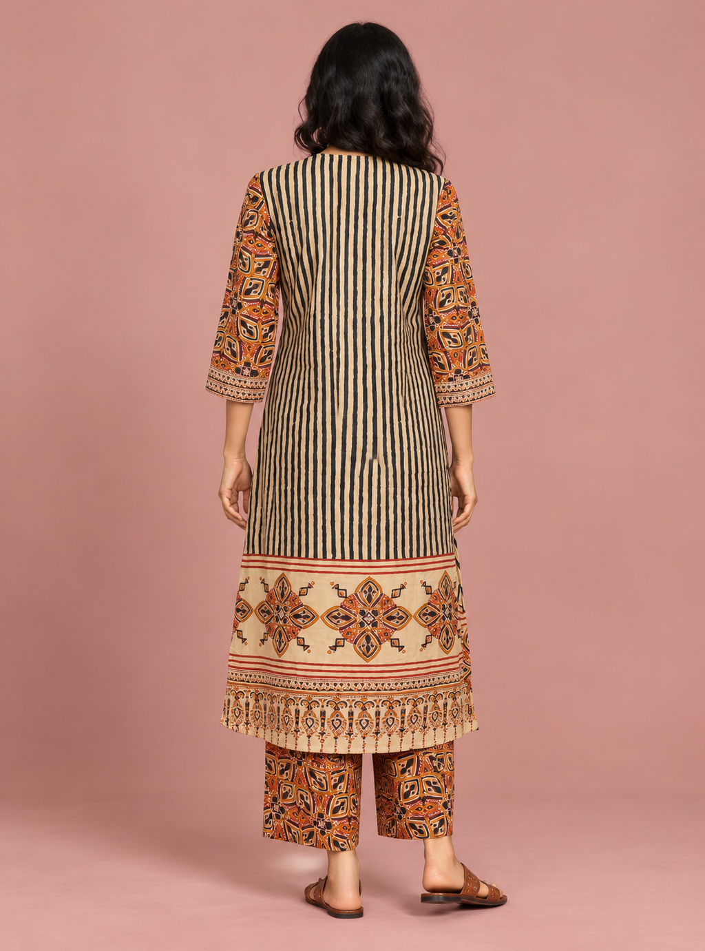 Clay Petal Beige & Rust Hand Block Cotton A-Line Suit Set