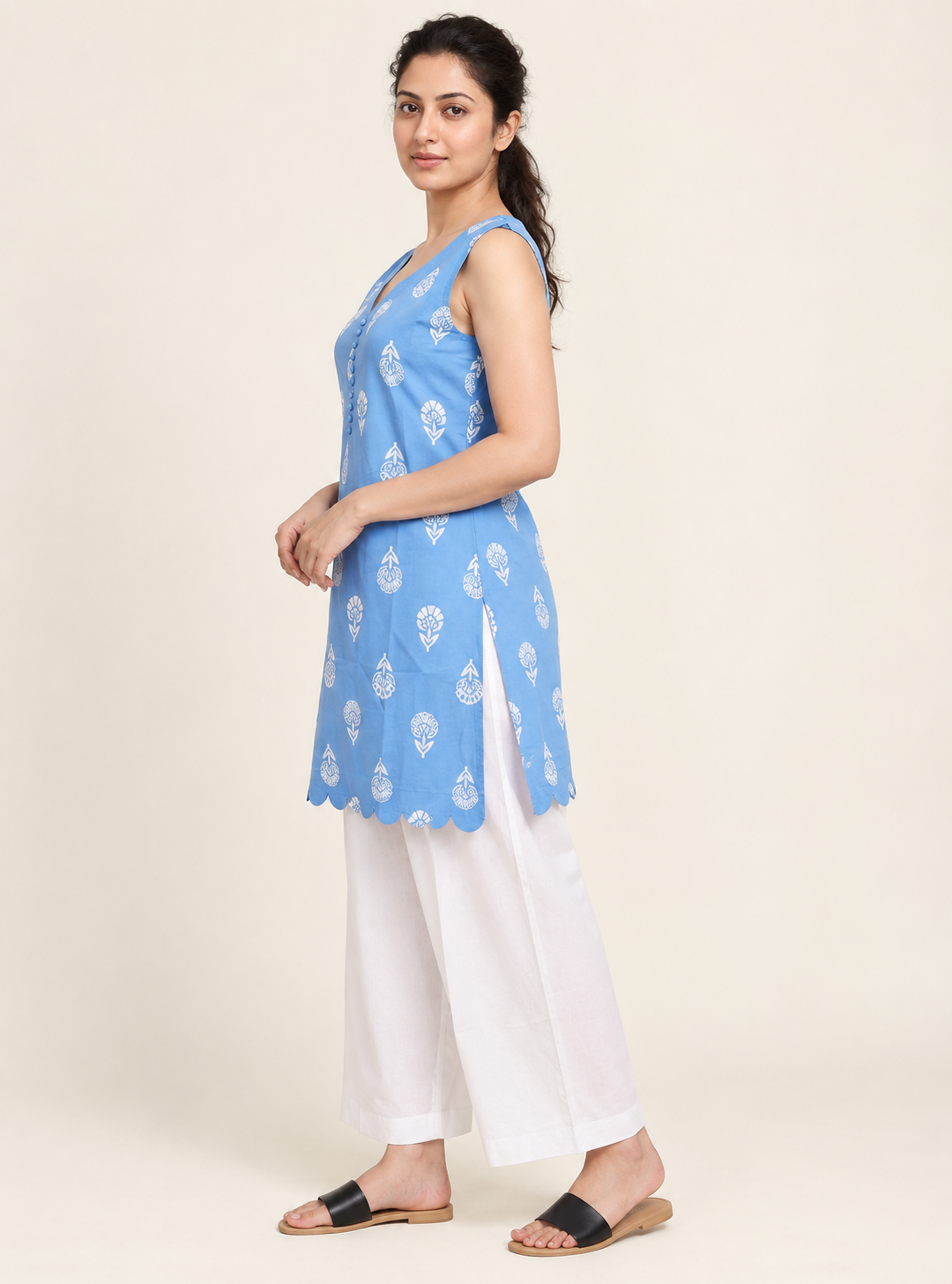 Cloud Petal Fresh Sky Blue Printed Cotton Short Kurta Co-Ord Set